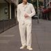 Men's Autumn Casual Single Breasted Lapel Linen Shirt Cardigan Long Sleeved Trousers Suit_voghion.com