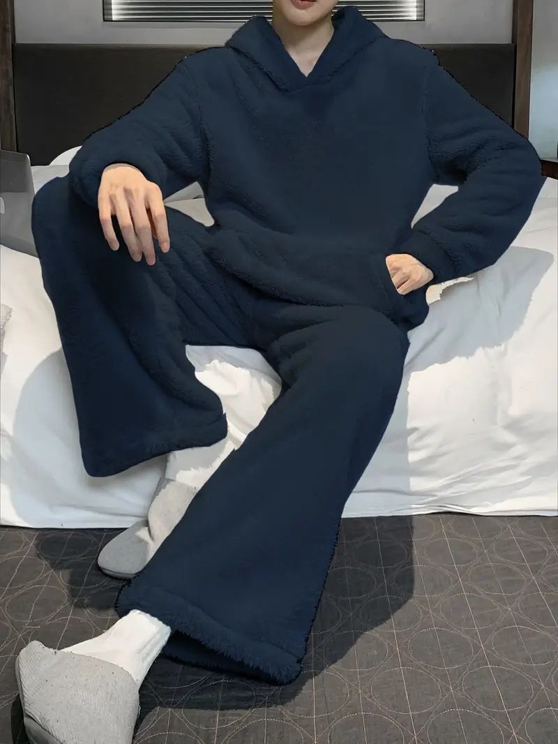 Herrenbekleidung Schlichter, einfarbiger, lässiger Pyjama-Satz aus Plüsch, bequemer Freizeitkleidung, langärmeliger Kapuzenpullover_voghion.com
