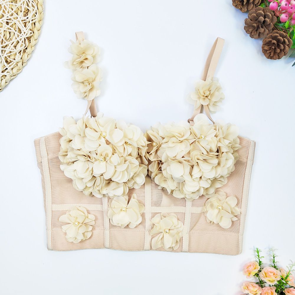 Odzież damska Koronkowa siateczka, krótka, z ramiączkami w kształcie ości, z wkładką na klatkę piersiową, mała kamizelka z kwiatami, wierzchnia odzież, dolna część klatki piersiowej, francuski top z koralikami_voghion.com