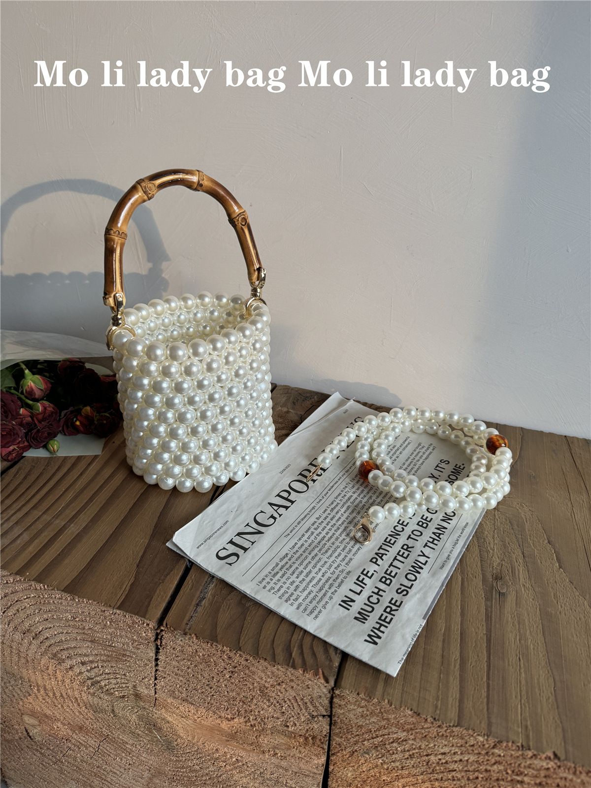 Borsa a secchiello, borsa in bambù, borsa Advanced Sense Of Metal, borsa con perline, borsa da donna_voghion.com