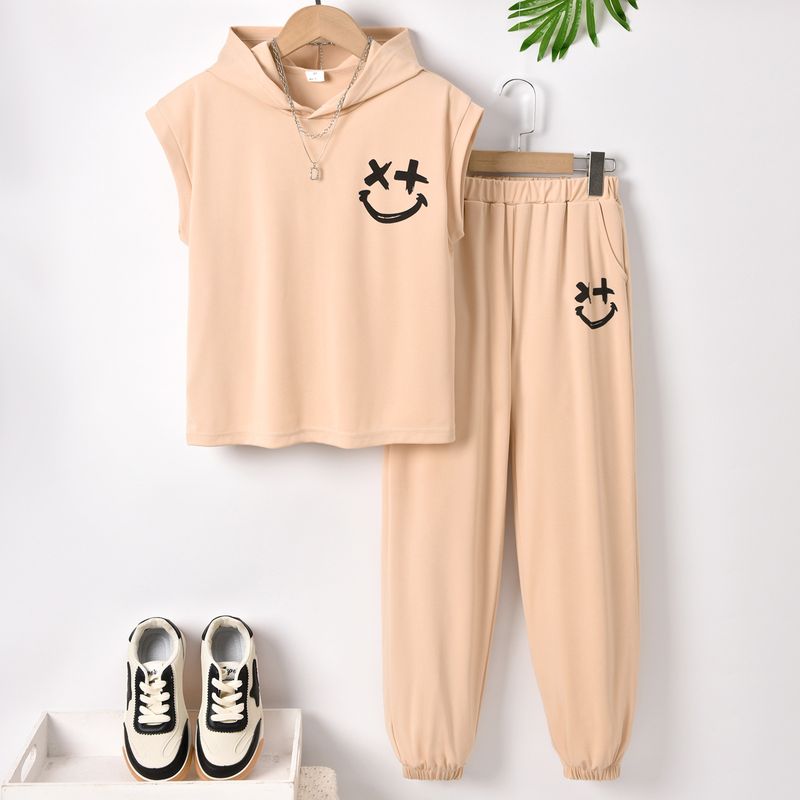 Kid's Clothing 2024 Spring and Summer Apricot Hooded Smiley Face Printed Sleeveless T-shirt & Cuffed Trousers Set_voghion.com