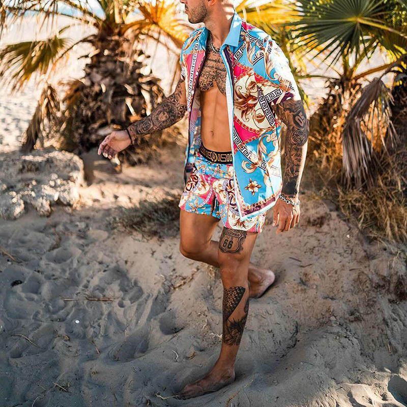 Printed short-sleeved shirt and board shorts vacation set_voghion.com