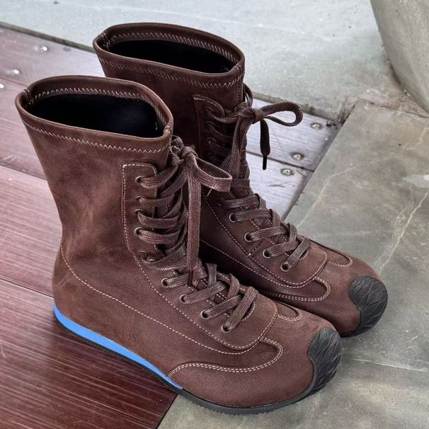 Women Boxing Boots 2025 Winter New Genuine Leather Round Toe Color Block Stretch Slim Short Height Increasing Slimming Boxing Women's Boots_voghion.com