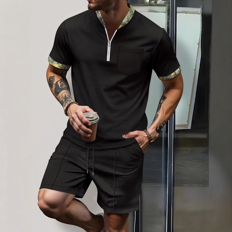 Pantaloncini a maniche corte con colletto rialzato e cerniera a nido d'ape, coordinati con i colori, da uomo, casual, da esterno_voghion.com