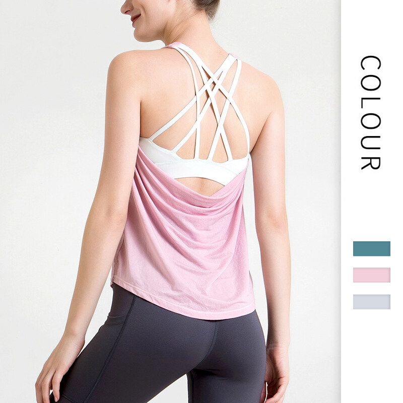 SUPERFLOWER 2 in 1 Sport Vest Open Back Women's Yoga Tank with Bra inside Gym Loose Fiess Running Sleeveless Top_voghion.com