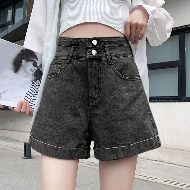 Black denim shorts for women's 2024 summer new ultra-high waist slimming Korean version rolled edge A-line wide leg hot_voghion.com