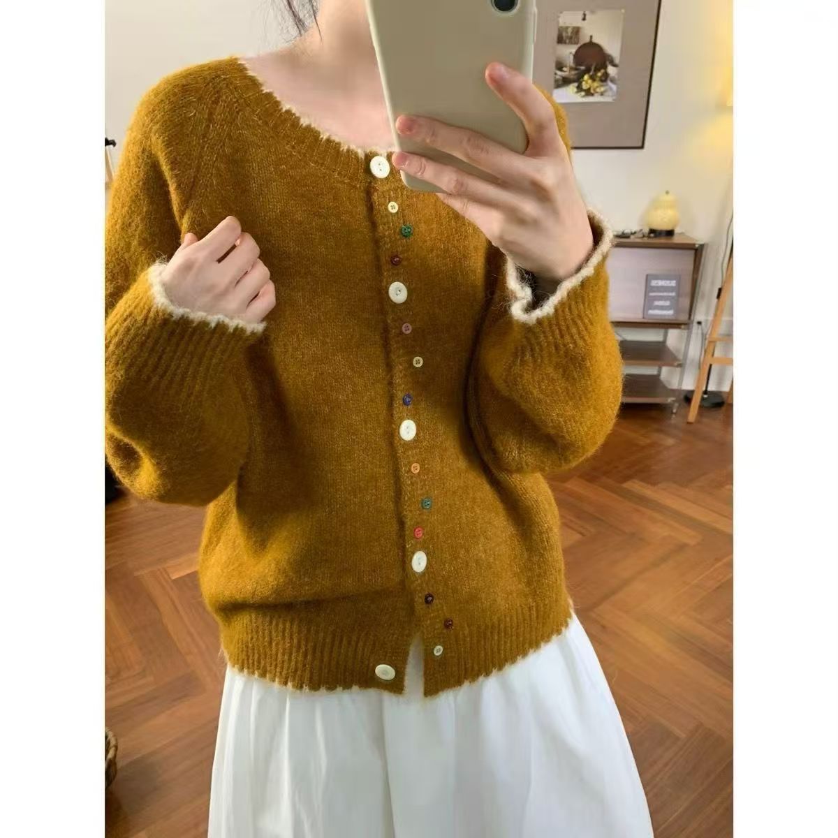 "Oversized Color-Block Cardigan – Soft Knit Button Front Sweater (Gray/Teal/Terracotta/Cream/Charcoal, One Size_voghion.com