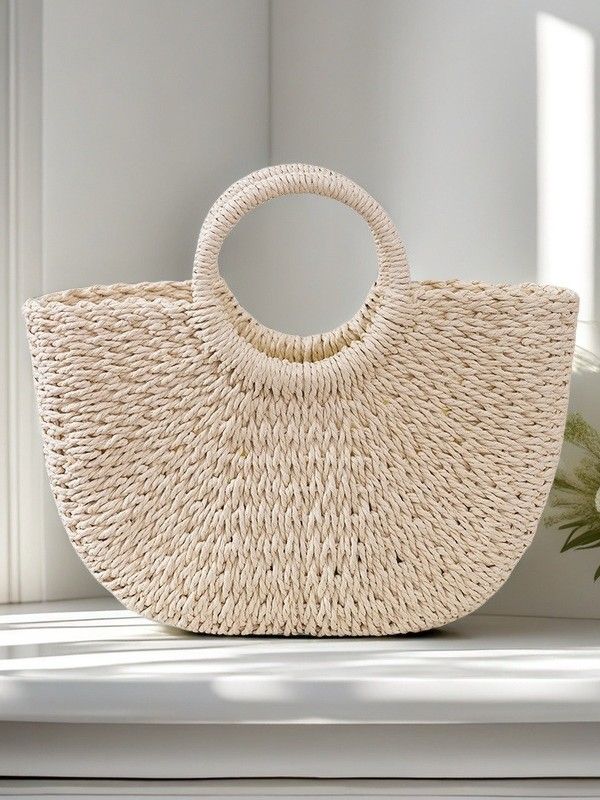 Borsa da spiaggia da donna in paglia rotonda, versatile e alla moda, realizzata a mano_voghion.com