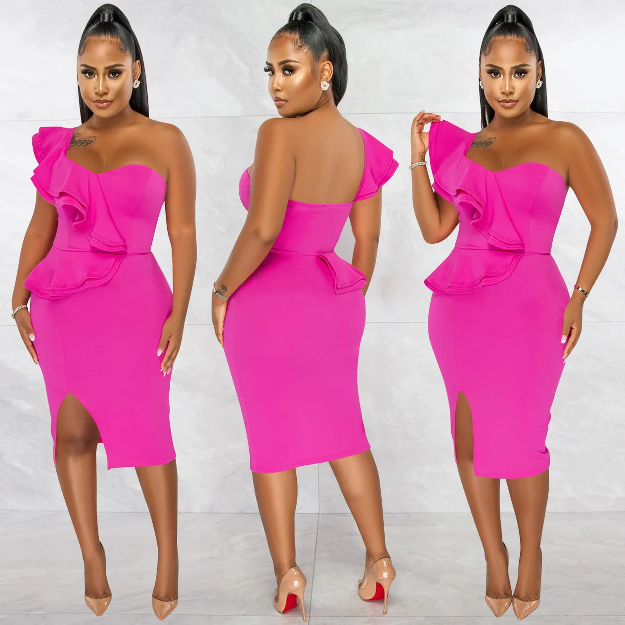 Women's Clothing fashion casual ruffled slit one shoulder sleeve dress women's clothing_voghion.com