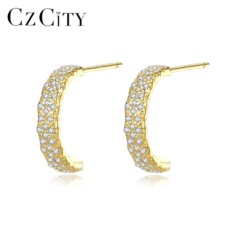 Orecchini a cerchio in argento sterling a forma di C per donna Accessori alla moda per feste per ragazze placcate in oro 14k con zirconi cubici_voghion.com