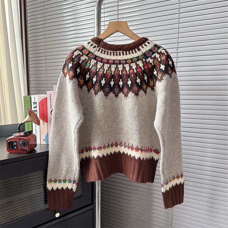 Abbigliamento donna 2024 autunno e inverno nuovo stile pigro sciolto retrò jacquard girocollo pullover maglione lavorato a maglia top_voghion.com