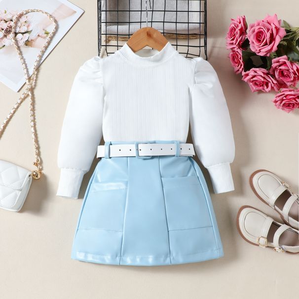 Mother & Kids Children's Clothing For Small And Medium Sized Girls, New Autumn Suits, Puff Sleeve Tops + Pu Leather Skirts + Belts, Three Piece Suits_voghion.com