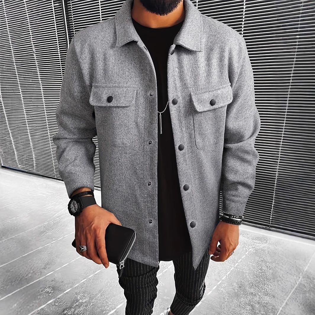 "Men's Wool-Look Jacket – Autumn Single-Breasted Coat With Lapel & Flap Pockets In Black/Army Green/Navy/Dark Gray (S-XXL)"_voghion.com