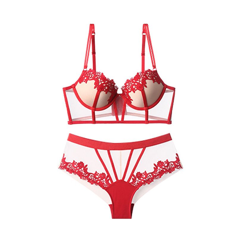 Women's clothing French water-soluble lace lingerie Gathering anti sagging bra color contrast soft steel ring bra set_voghion.com