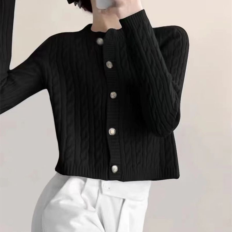 Candy Pullover Mantel Koreanische Version 2024 Herbst lose einfarbig Top Langarm Rundhals Fried Dough Twists Stricken_voghion.com