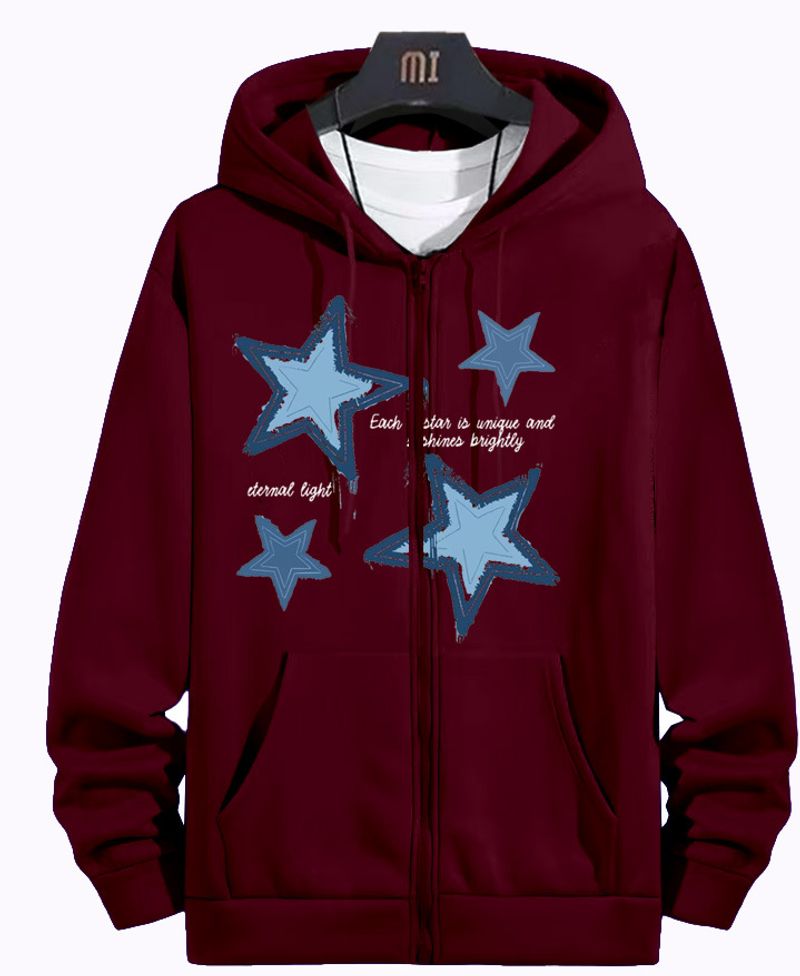 Sweat à capuche zippé imprimé étoiles pour homme - Veste décontractée doublée en polaire avec coutures contrastées. Tendances mode_voghion.com