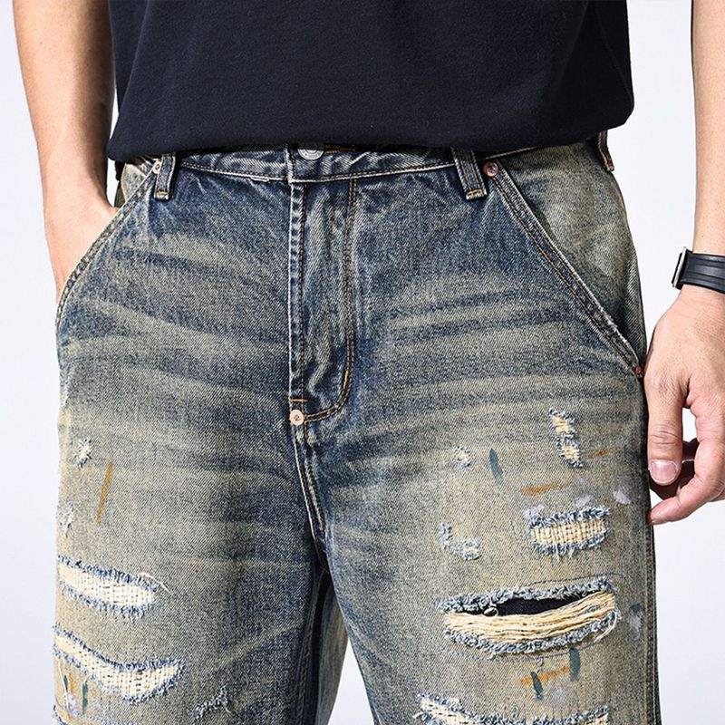 Vintage Distressed Denim Shorts For Men - Washed Blue Patchwork Casual Mid-Length Summer Shorts With Ripped Details_voghion.com