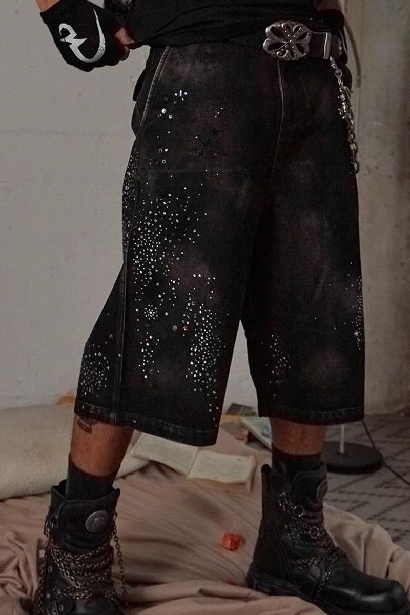 Men's Clothing Dirty Dyed Washed Old Rhinestones Full Diamond Three Quarter Loose Denim Shorts_voghion.com