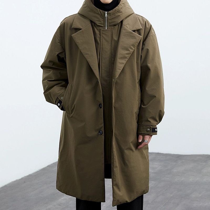 Modischer, langer Parka-Mantel für Herren, Windjacke mit abnehmbarer Kapuze und zweiteiligem Kunstdesign, wasserabweisendes Polyester-Obermaterial_voghion.com