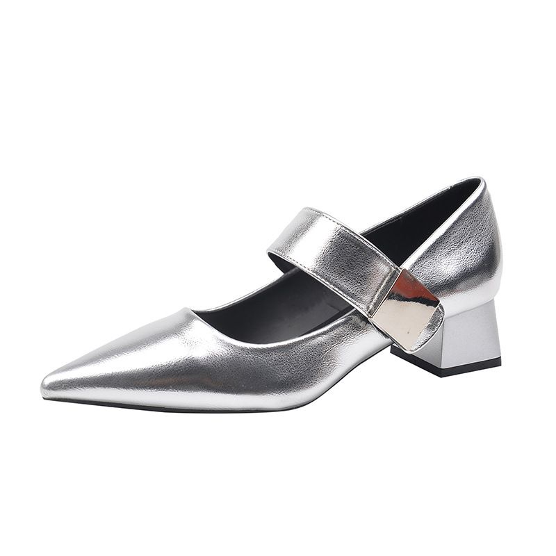 Thick Heeled Pointed Silver Mary Jane Shoes For Women, 2025 New Model With Velcro Flat Strap Soft Leather Temperament_voghion.com
