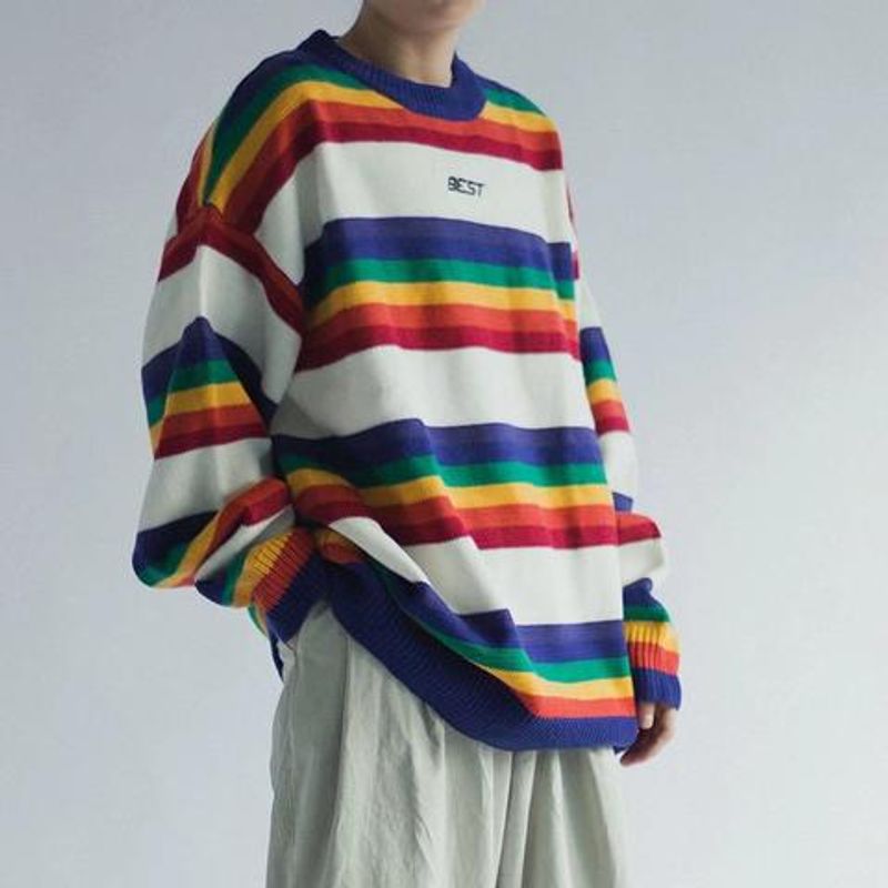 Pull col rond à rayures arc-en-ciel pour homme et femme, grande taille, couleur contrastée, ample, idéal pour les couples, automne et hiver_voghion.com
