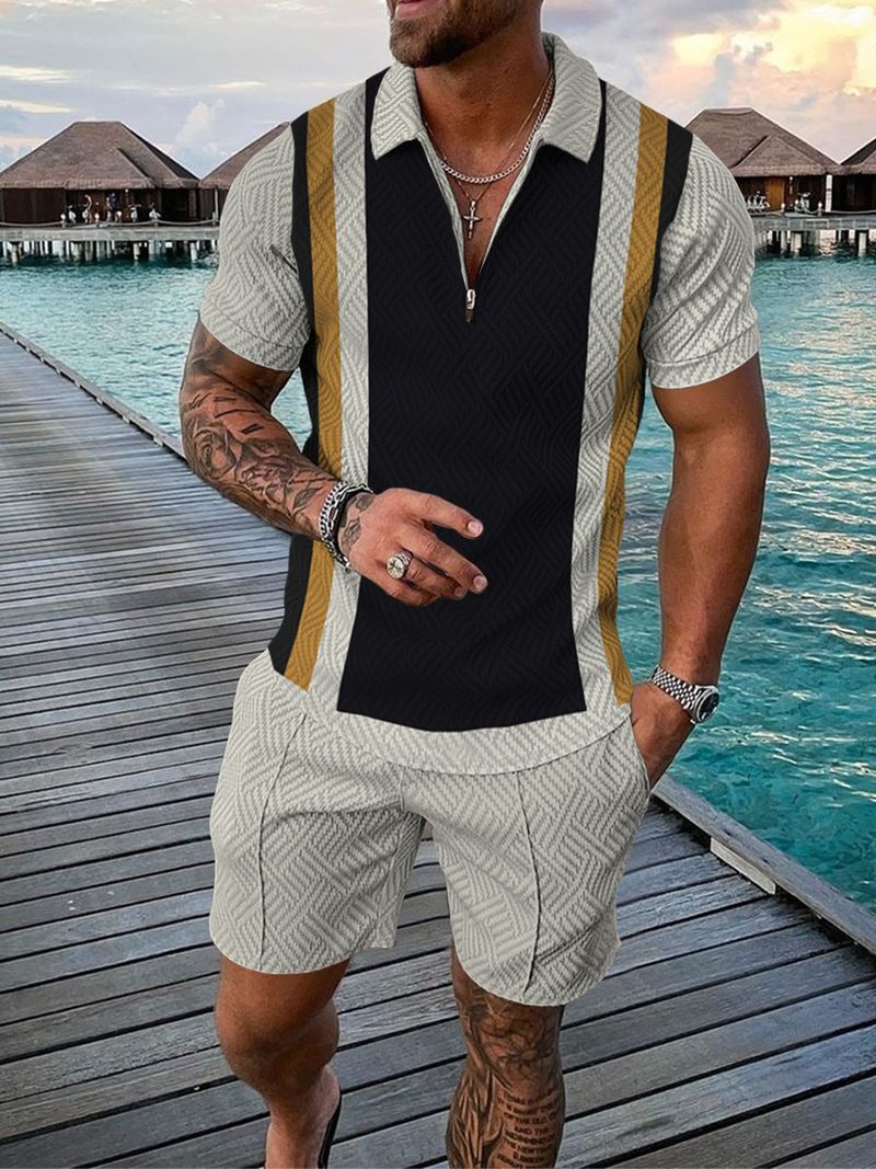 Herren 3D Digitaldruck Casual Kontrastfarbe Polo Reißverschluss Revers Hemd Kurzarm Anzug Herrenbekleidung_voghion.com