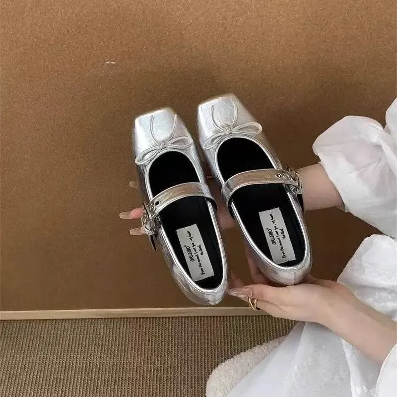 Wome's Square Toe New Style Bow Flats Ladies Ballet Sier Belt Buckle Footwear Elegat Fashio Mary Jae Shoes_voghion.com