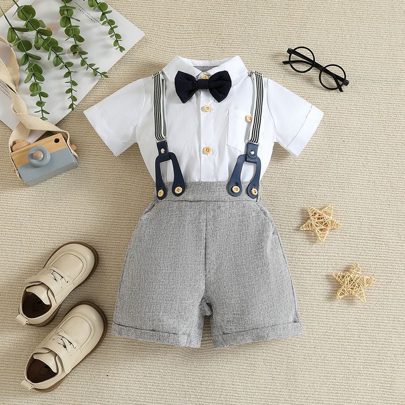 Mother & Kids Gentleman Suit Short Sleeved Bow Tie Romper Overalls Shorts Two Piece Suit_voghion.com