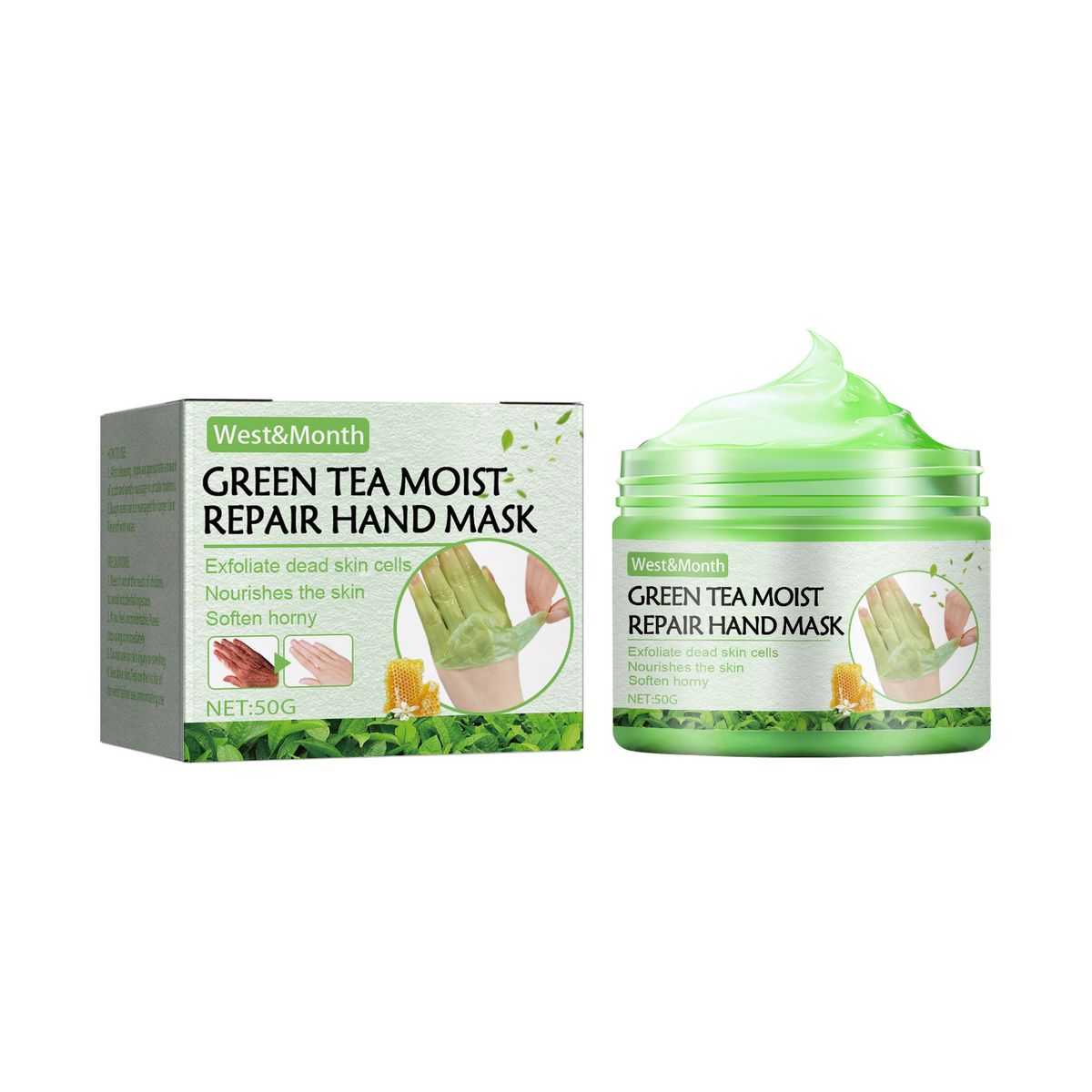 Le masque pour les mains réparateur au thé vert West&Month hydrate, nourrit et adoucit la peau, prévenant les fissures sèches,_voghion.com
