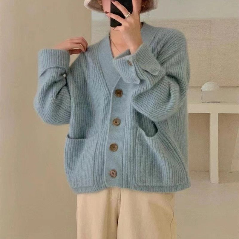 K Soft And Plush V-Neck Cardigan For Women; New Style With Single Row Of Buttons, Loose And Versatile For Lazy Days_voghion.com