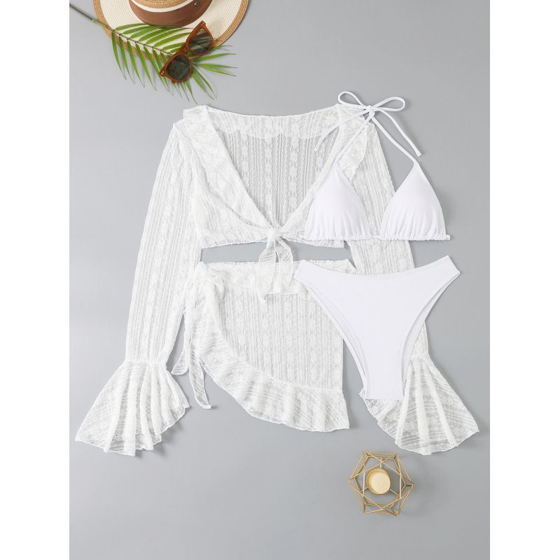 Women's Clothing Long Sleeved Bikini Four Piece Ruffled Swimsuit Female Split Net Celebrity Sexy Swimsuit_voghion.com
