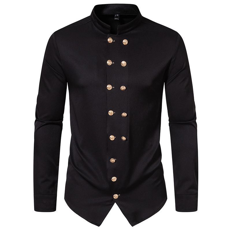 Vêtements pour hommes mode couleur unie double boutonnage col montant chemise à manches longues chemise Henry_voghion.com
