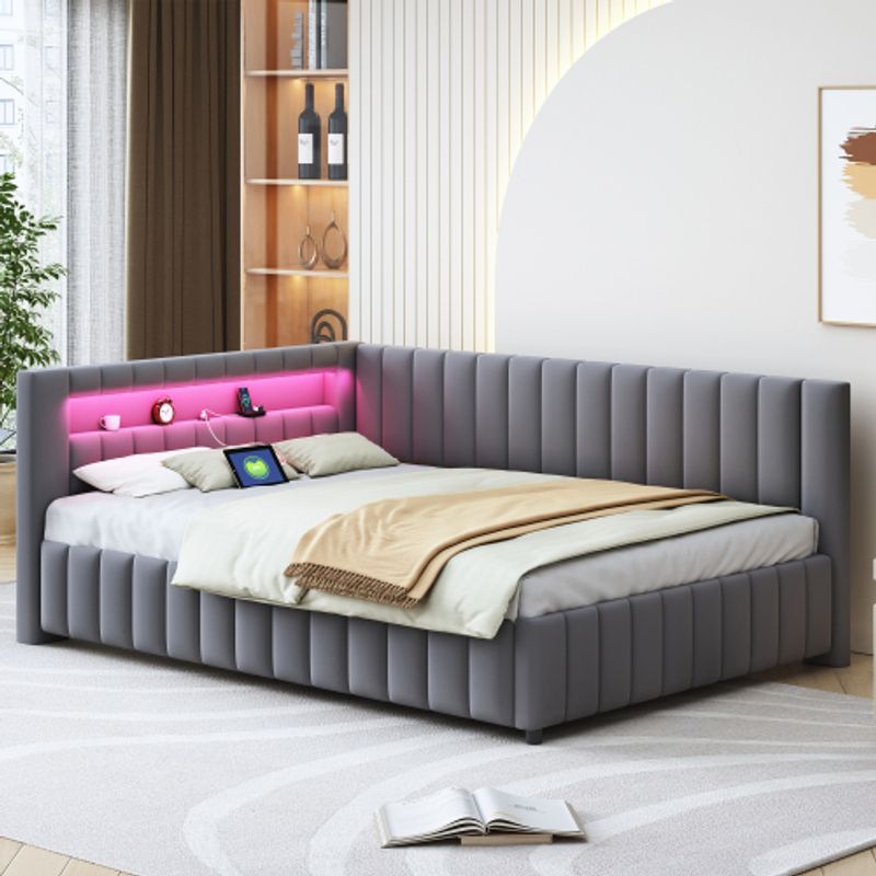 Polsterbett Schlafsofa 140x200, Gepolstertes Aus Samtstoff Mit LED-Licht Und USB-Ladeanschluss, Mit Rückenlehne, Kopfteil Und Stabilem Bettrahmen Grau_voghion.com