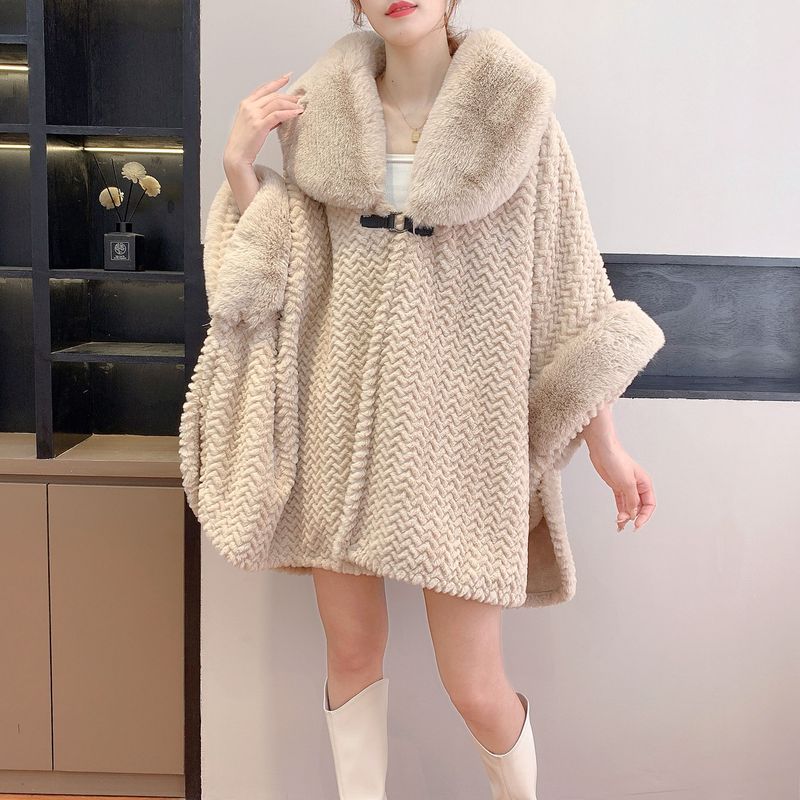 Women's Clothing shawl autumn and winter large fur collar plus velvet thickened cape coat medium long loose cardigan large size_voghion.com