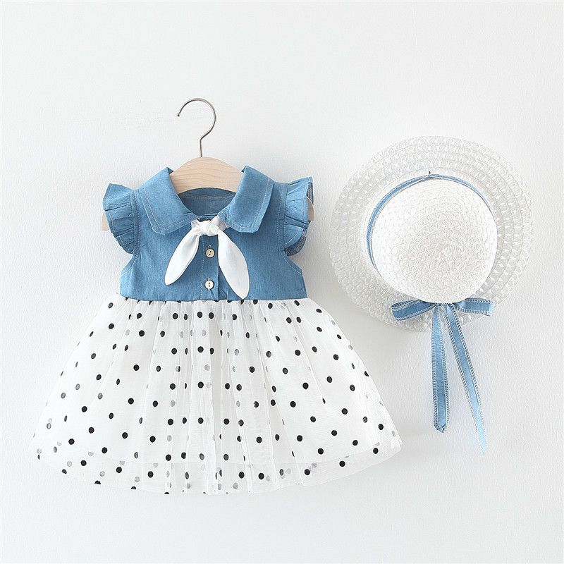 2024 Gonna estiva in rete di jeans per ragazze Gonna patchwork stile coreano per bambini e ragazze della scuola media Abito con maniche volanti in stile coreano_voghion.com