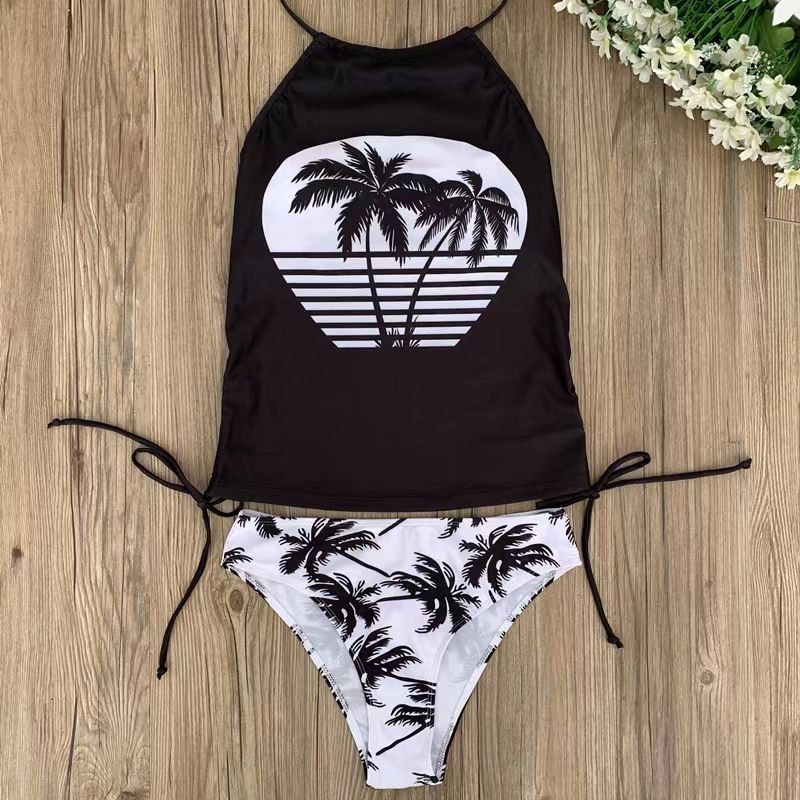 Traje de baño adelgazante con cordón de edición fija con estampado de cocoteros para mujer_voghion.com