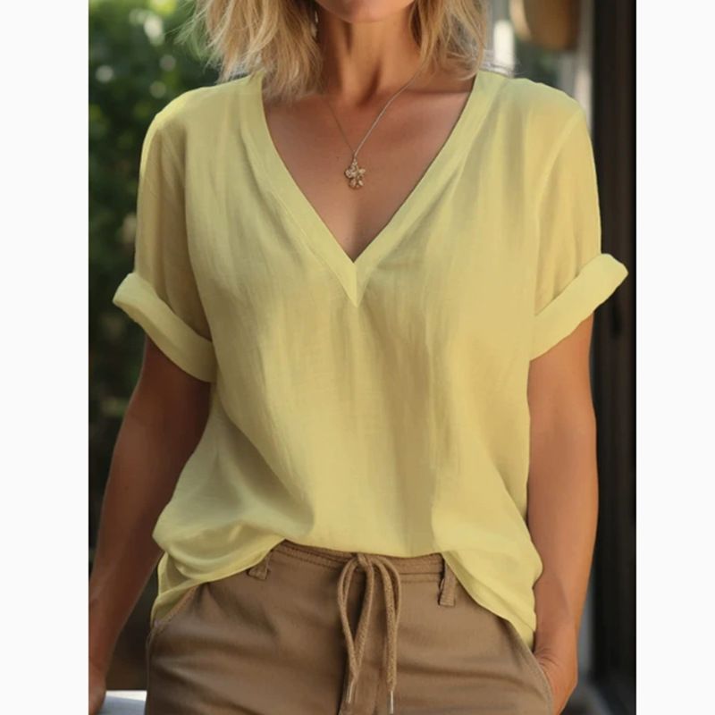 Abbigliamento donna scollo a V maniche corte cotone e lino Abbigliamento donna top e camicie_voghion.com