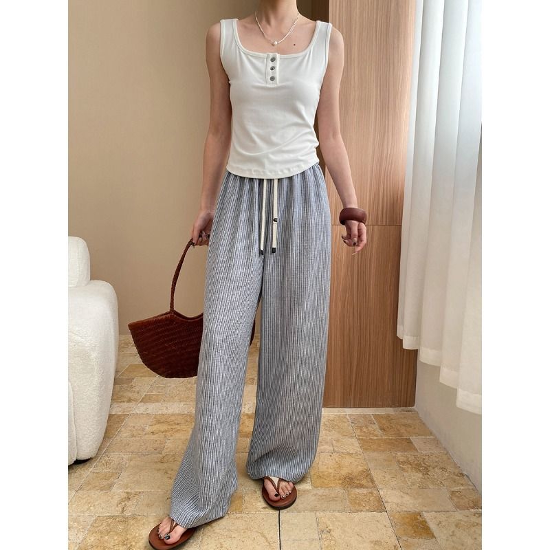 Walking Lazy Color Contrast Stripe Drawstring Elastic High Waist Straight Casual Wide Leg Pants_voghion.com