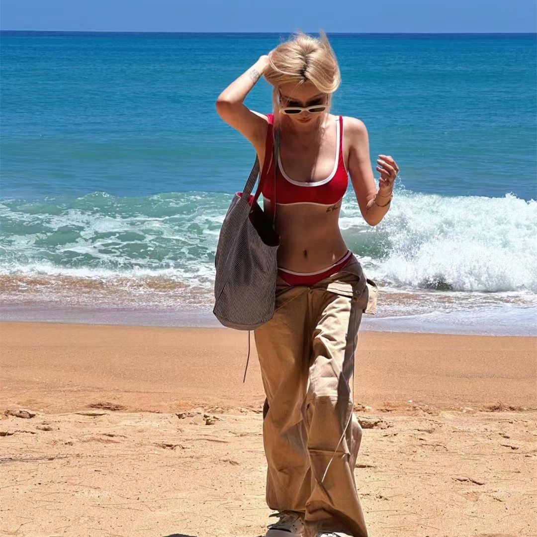 Maillot de bain femme 2025, nouveau bikini triangle contrasté rouge et blanc, petite poitrine, vacances, sources chaudes_voghion.com