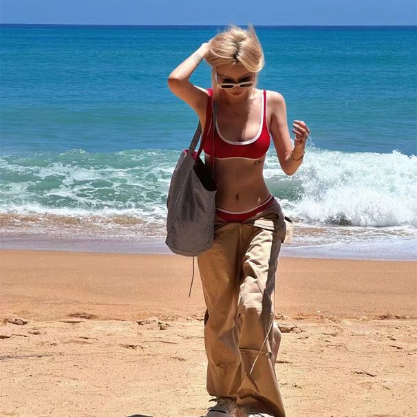 Maillot de bain femme 2025, nouveau bikini triangle contrasté rouge et blanc, petite poitrine, vacances, sources chaudes_voghion.com