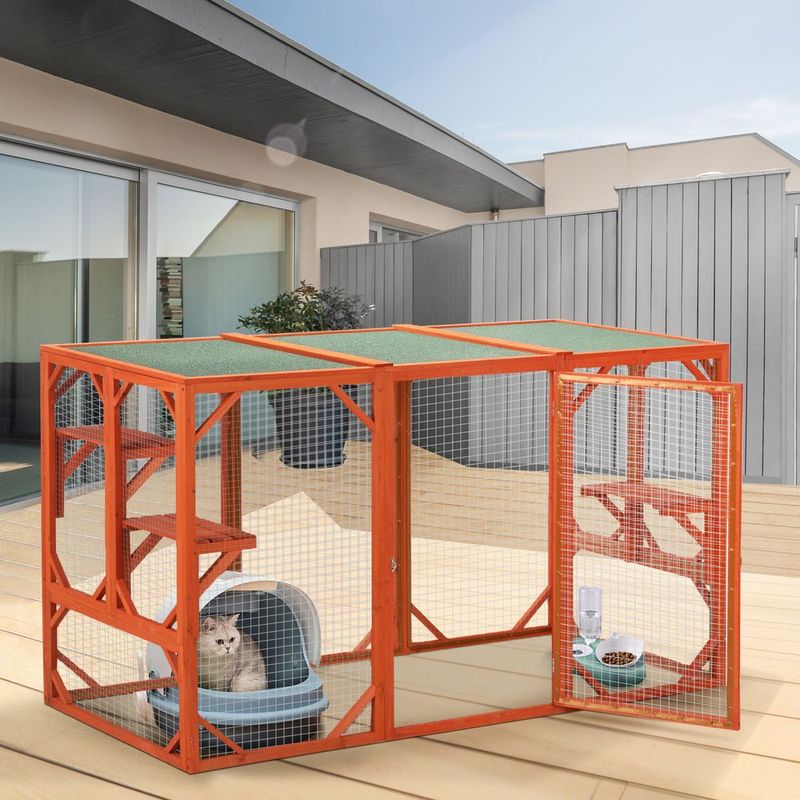 Wooden Cat House; Outdoor Cat Cage With Water-proof Asphalt Planks And Cat Perches; Orange_voghion.com