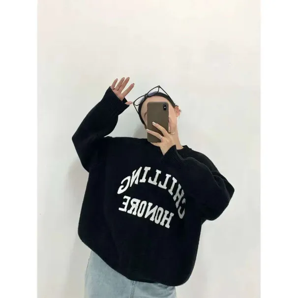 Dongdaemun Korean Style Round Neck Sweater For Women, New Spring And Autumn Design, Loose Fit, Slimming Oversize Top,_voghion.com