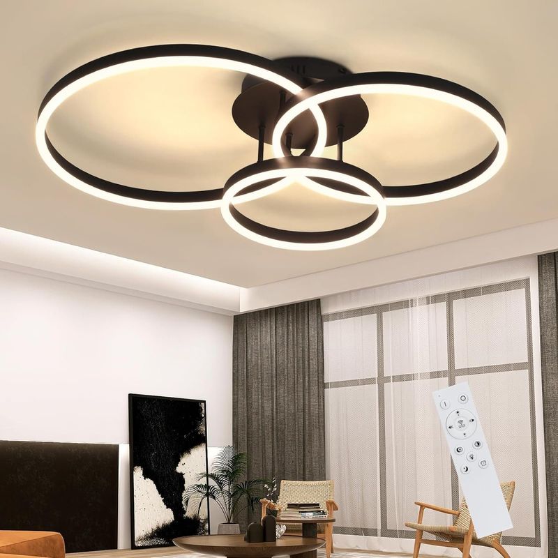 Deckenlampe LED Deckenleuchte Schwarz - Dimmbar 82CM Wohnzimmerlampe Mit Fernbedienung 74W Mit 3 Ringen Design Aus Acryl Für Büro Küche Arbeitszimmer_voghion.com
