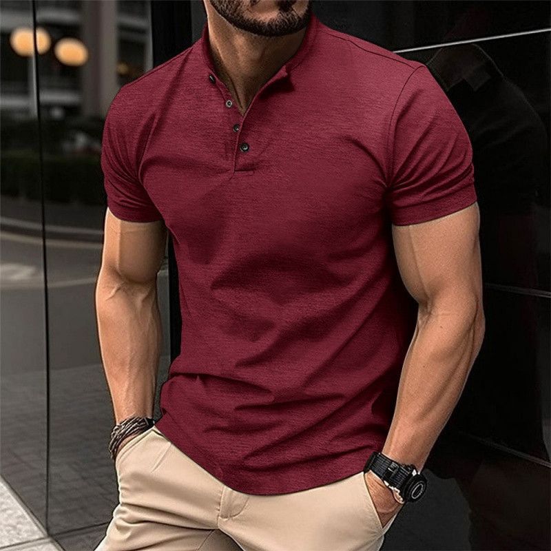 Unbeatable Quality Summer Short Sleeved Men's New Solid Color Henry Collar Button Slim Fit Ball Shirt_voghion.com
