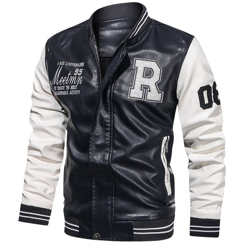Men's Fashion PU Leather Baseball Jacket - Slim Fit Bomber Coat With Stand Collar, Trendy Streetwear Outerwear For Fall & Winter_voghion.com