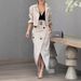 Women’s Clothing Women's Suit Lapel Patchwork No Long Sleeve Top Skirt Two piece Set with Belt_voghion.com