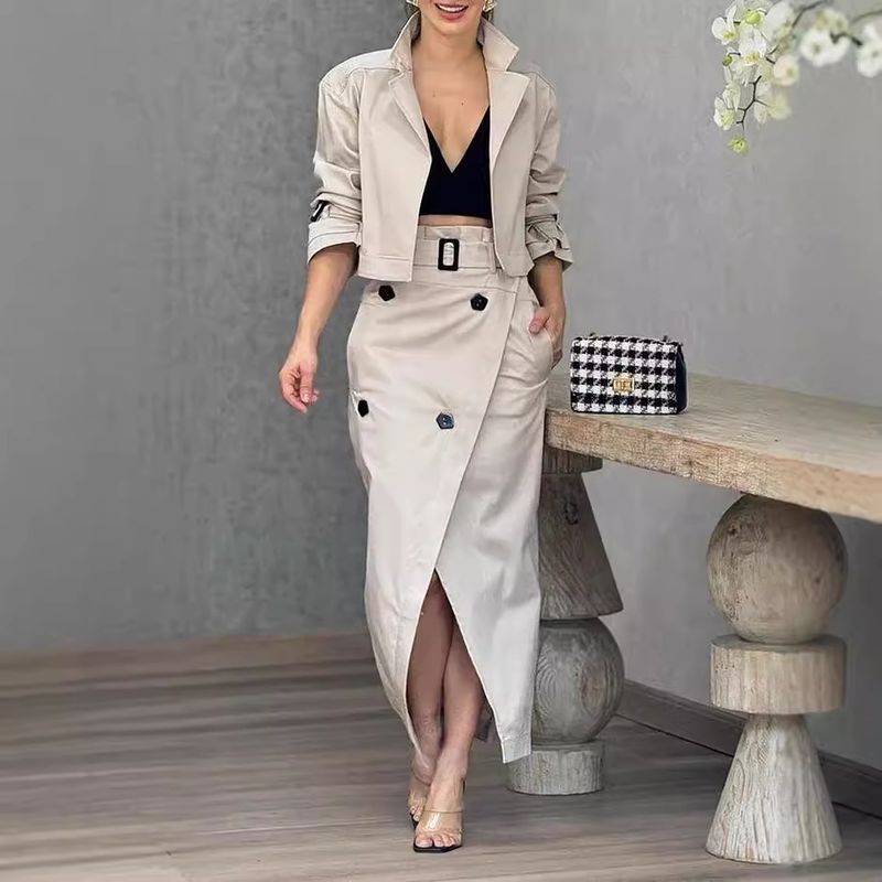 Damenbekleidung Damenanzug Revers Patchwork Kein Langarm-Oberteil Rock Zweiteiliges Set mit Gürtel_voghion.com