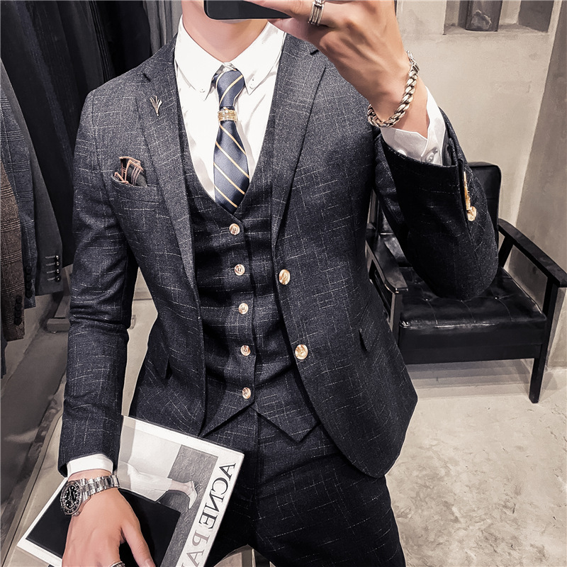 Traje de dos botones para hombre, traje ajustado de estilo oscuro con estampado oscuro, traje de tres piezas, traje de caballero de estilo primavera y otoño, pantalones chaleco_voghion.com