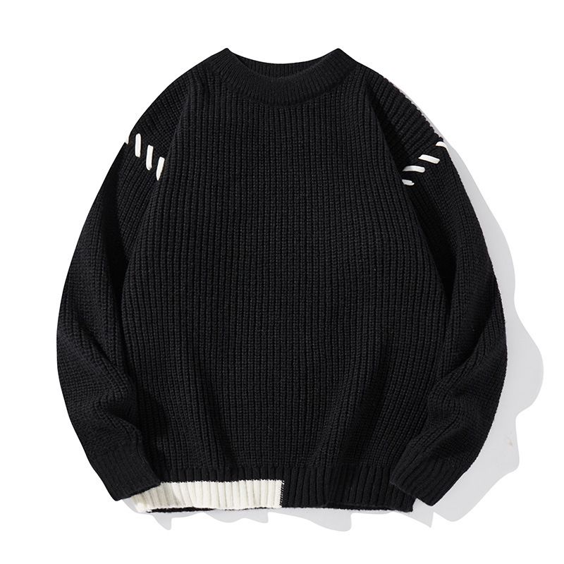 Men's Thickened Knit Sweater Autumn Winter Round Neck Loose Fit Pullover Jumper With Contrast Trim Casual Warm Cable Stitch Sweater_voghion.com