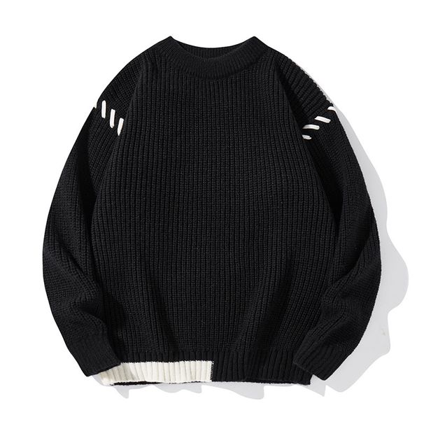 Men's Thickened Knit Sweater Autumn Winter Round Neck Loose Fit Pullover Jumper With Contrast Trim Casual Warm Cable Stitch Sweater_voghion.com